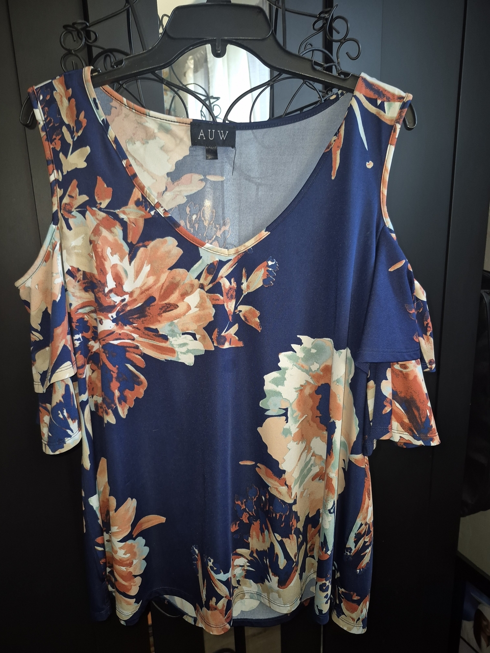 AUW Navy Floral Cold-Shoulder Women's Top